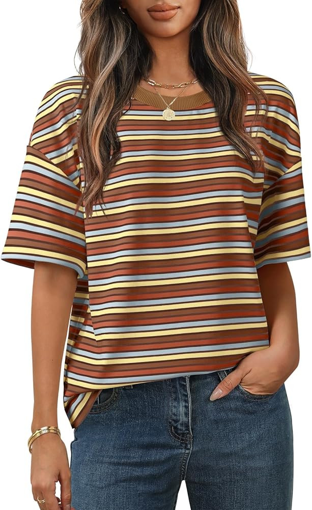 MEROKEETY Women's 2026 Summer Short Sleeve Tops Casual Colourful Striped Crewneck Loose Work T Sh... | Amazon (US)