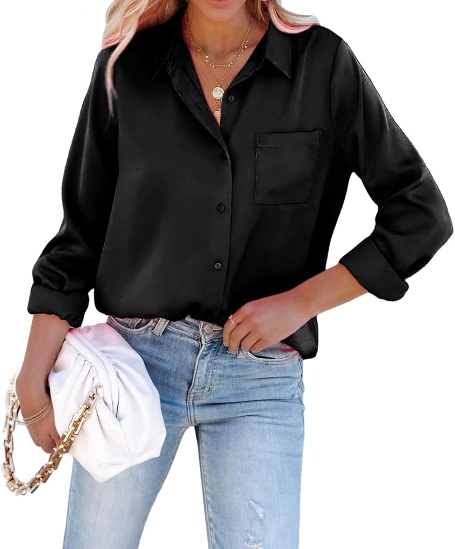 Pausus Satin Button Down Shirts for Women Long Sleeve Office Slim Fit Blouses Casual Business Sil... | Amazon (US)