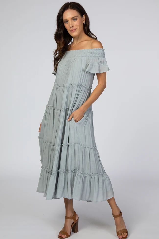 Blue Smocked Off Shoulder Ruffle Tiered Midi Dress | PinkBlush Maternity