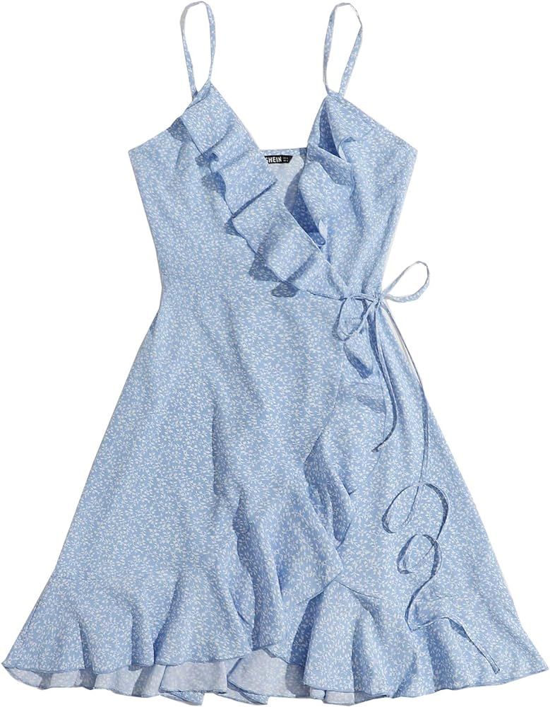 SheIn Women's Summer Sleeveless Ruffle Self Tie Wrap Short Dress | Amazon (US)