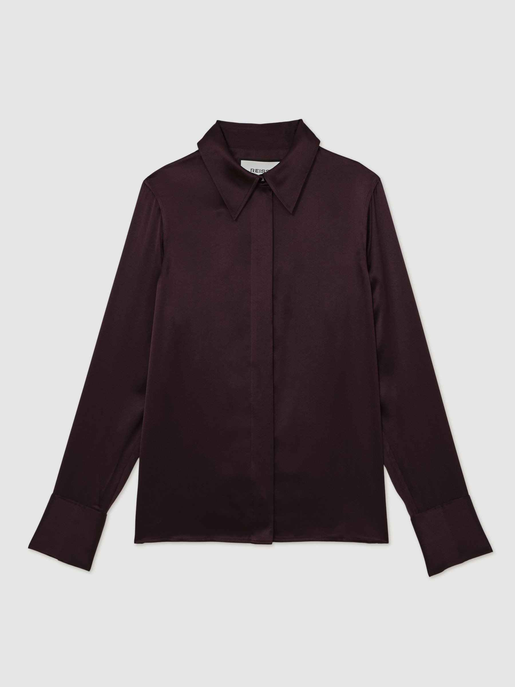 Reiss Silk-Satin Concealed-Placket Shirt in Burgundy - REISS | Reiss UK