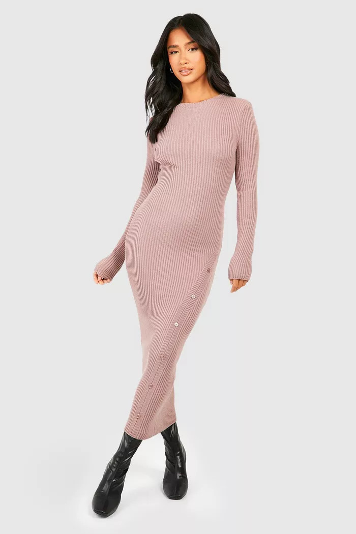Petite Rib Knit Asymmetric Button Detail Midaxi Dress | Boohoo.com (UK & IE)
