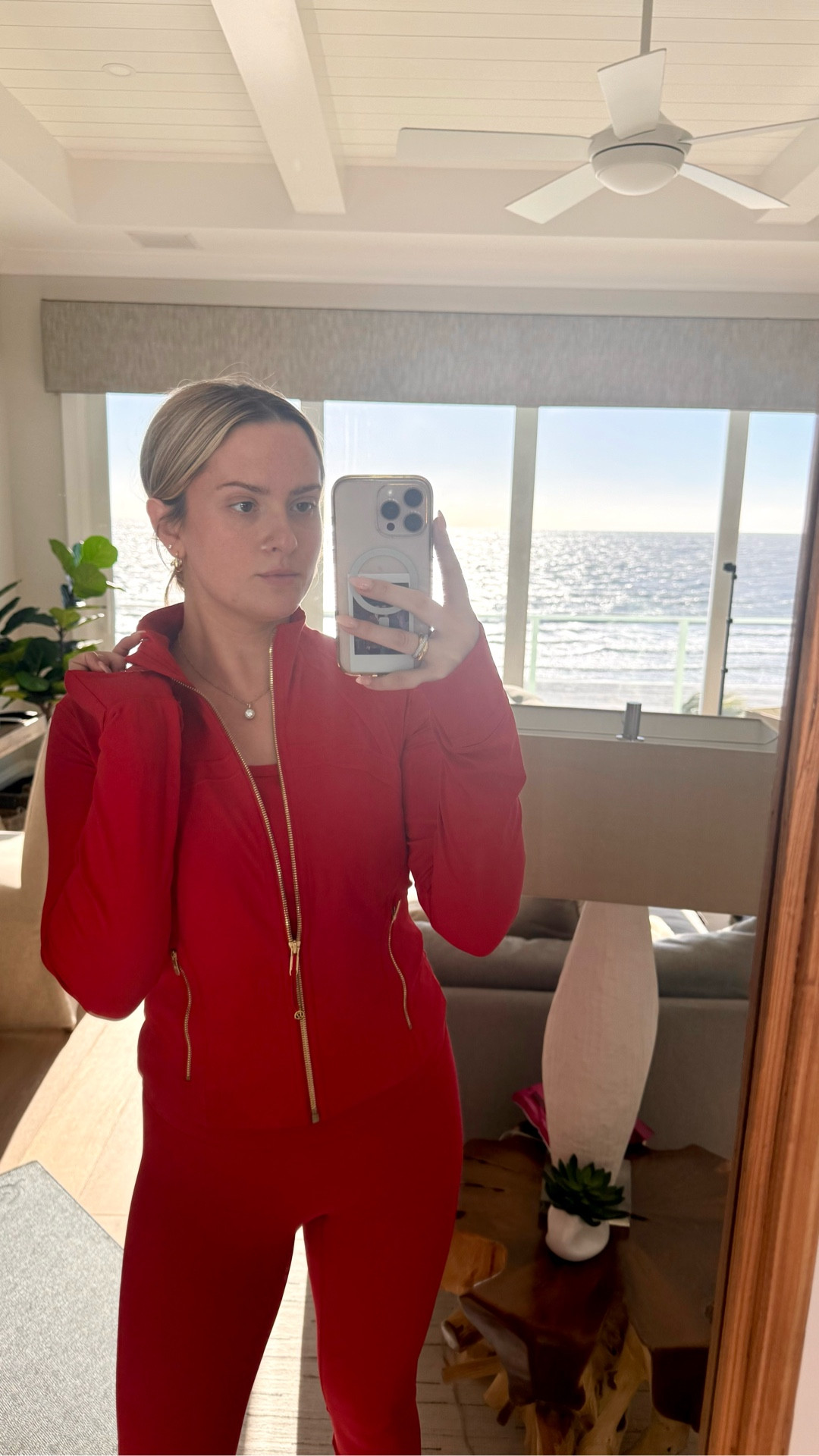 Lululemon matching workout set in a bright red that is perfect for autumn color seasons! It is their align top and align jacket with their wunder train leggings. I love the gold zipper!! So soft 

#LTKActive #LTKTall #LTKBeauty