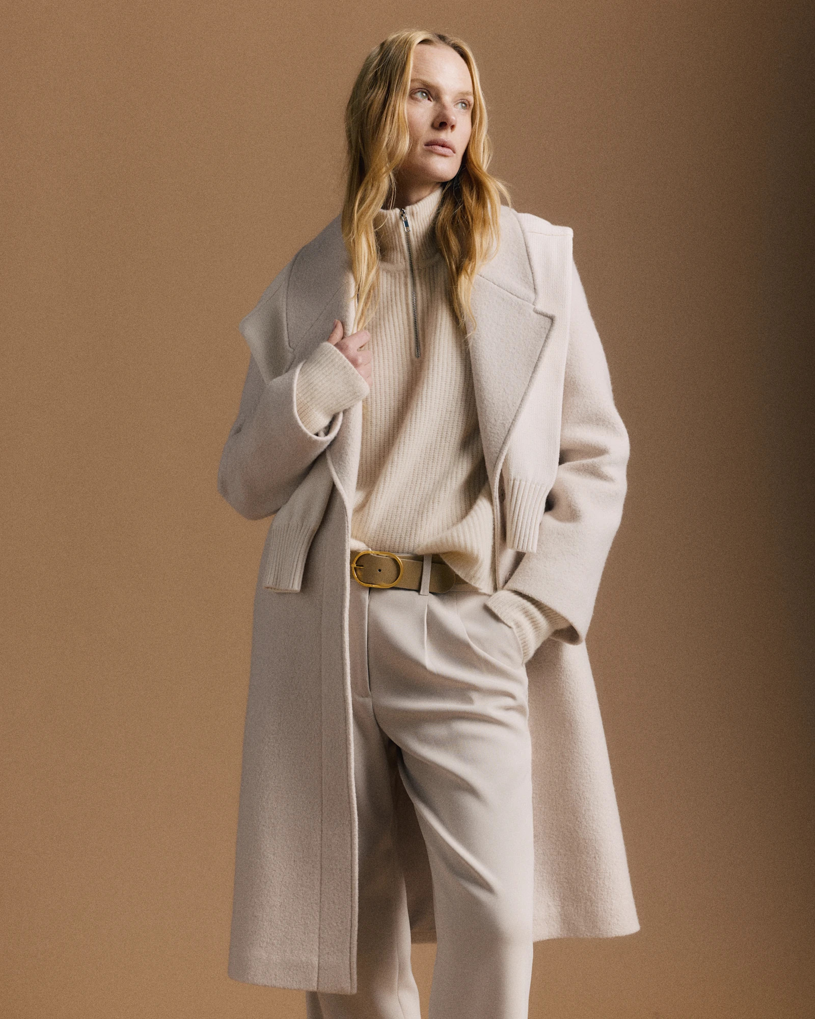 Quince | Women's 100% Merino Wool Shawl Collar Long Coat in Heather Bone, Size Small | Quince