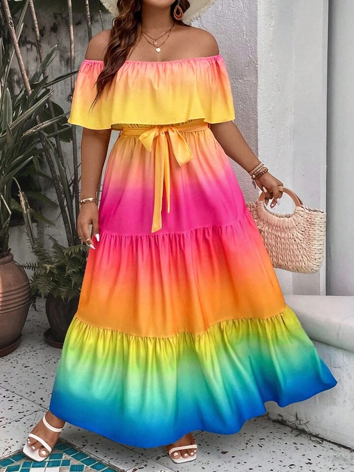 SHEIN VCAY Plus Ombre Off Shoulder Ruffle Hem Belted Dress | SHEIN