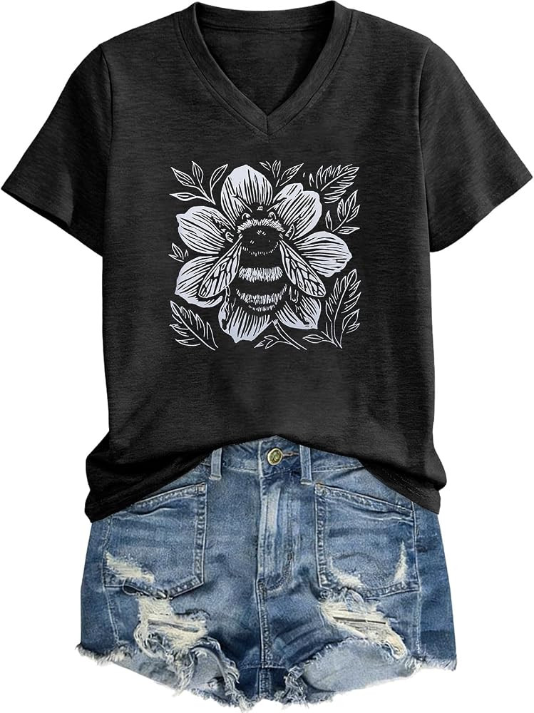 Women's T-Shirts V-Neck Dragonfly Tee Vintage Floral Shirt Boho Wildflowers Graphic Shirts Short ... | Amazon (US)