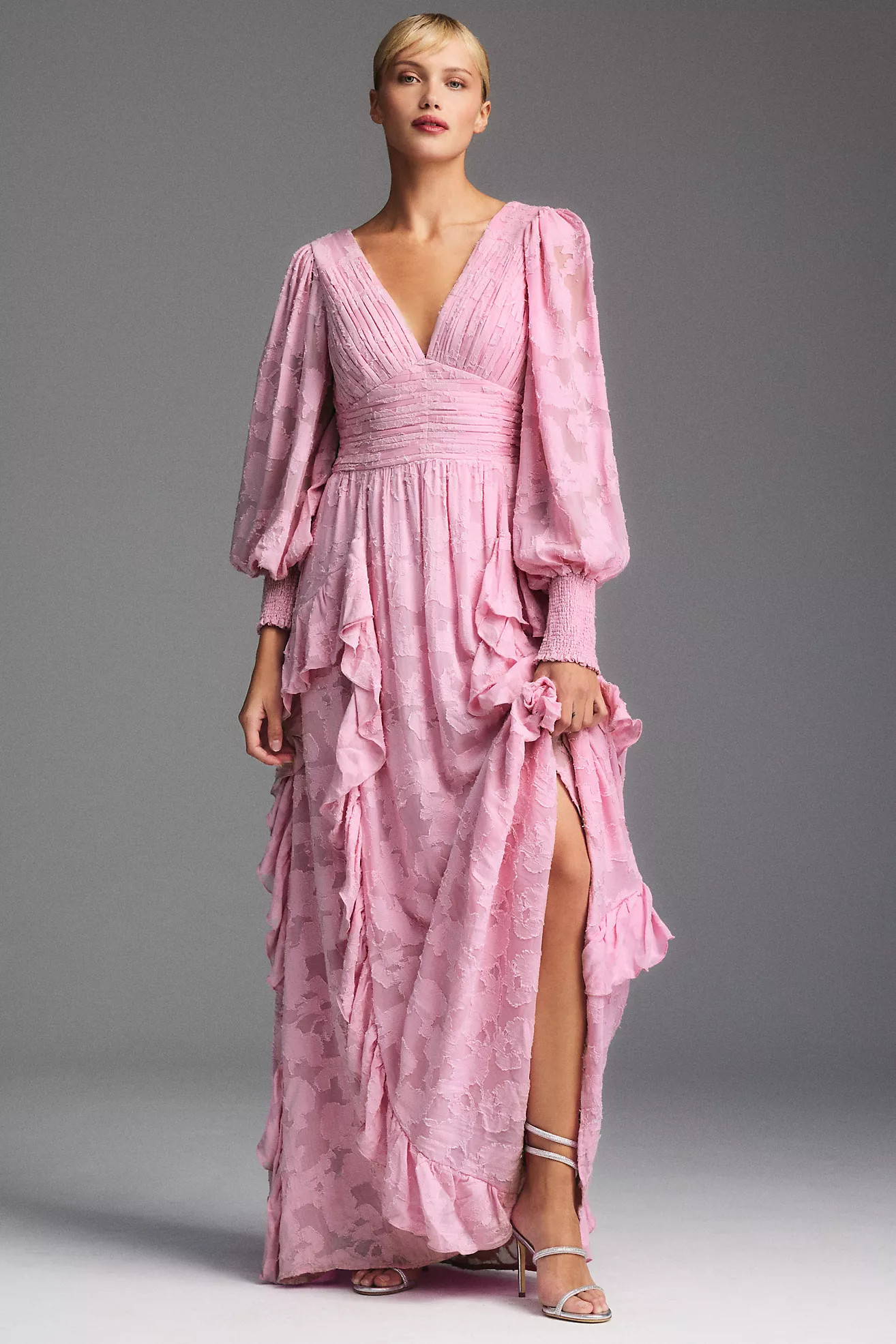 BHLDN Ariana Long-Sleeve V-Neck Jacquard Ruffled Maxi Dress | Anthropologie (US)