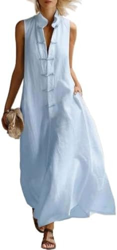 Linen Dress Women Spring Summer Cotton Frog Button Stand Collar Flowy Maxi Dress Sleeveless Cute ... | Amazon (US)