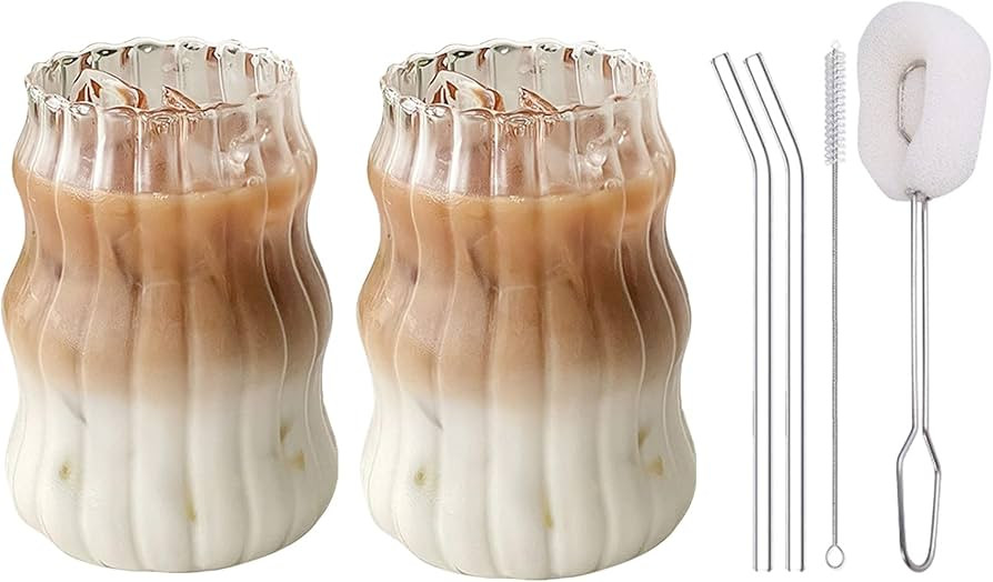 ChYoung Ribbed Ripple Ice Coffee Cup Drinking Glasses Tumblers Latte Cup Glasses Dishwasher Safe ... | Amazon (UK)