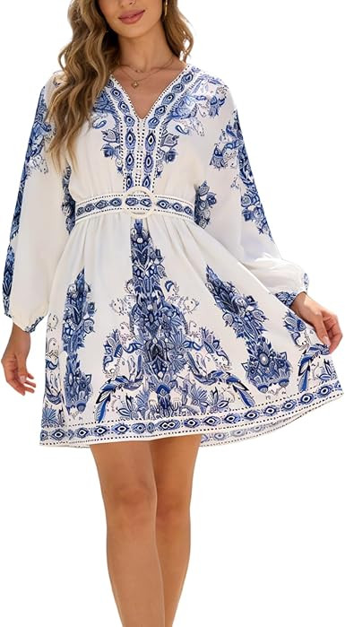 Women Boho Dresses Lantern Sleeve White Mini Dress with Belt V Neck Floral Print A-Line High Wais... | Amazon (US)
