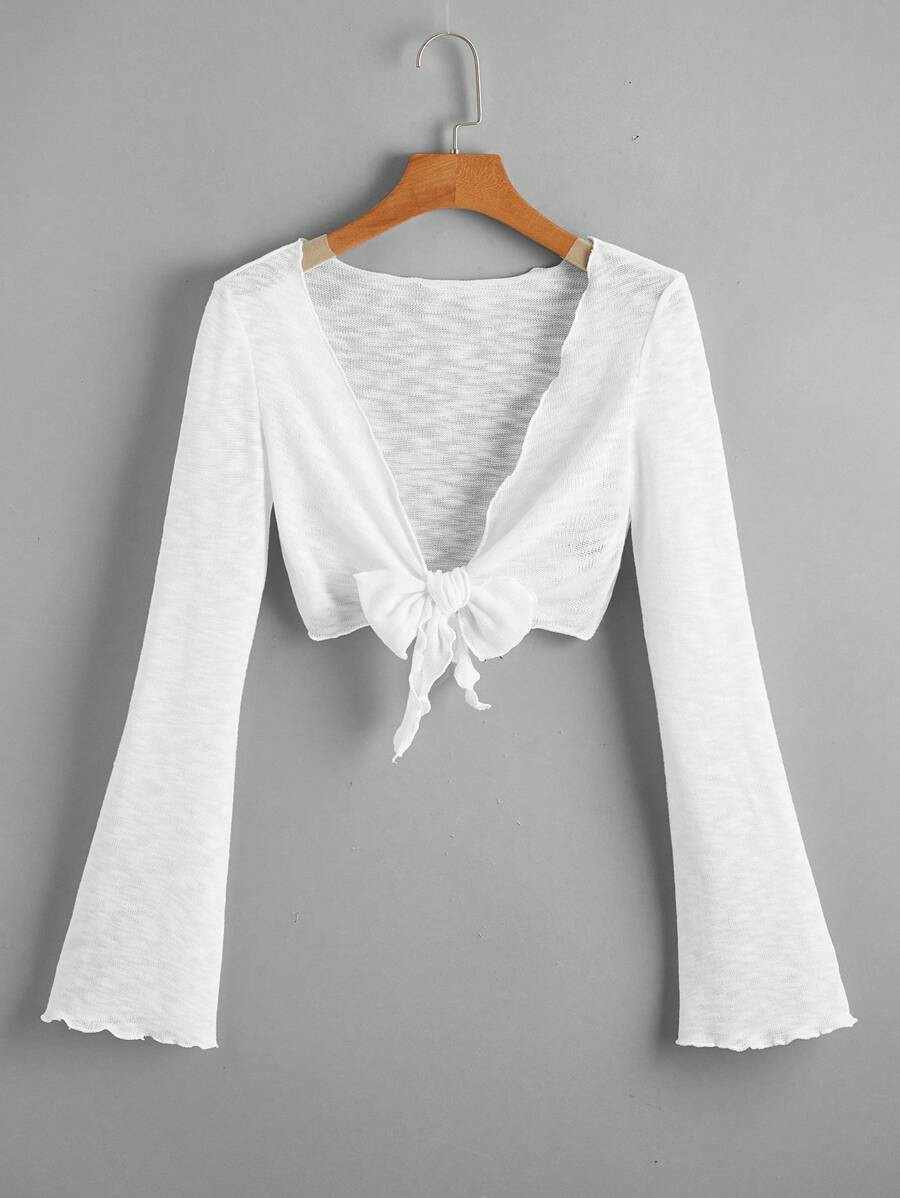 SHEIN Bell Sleeve Lettuce Trim Tie Front Kimono Summer | SHEIN