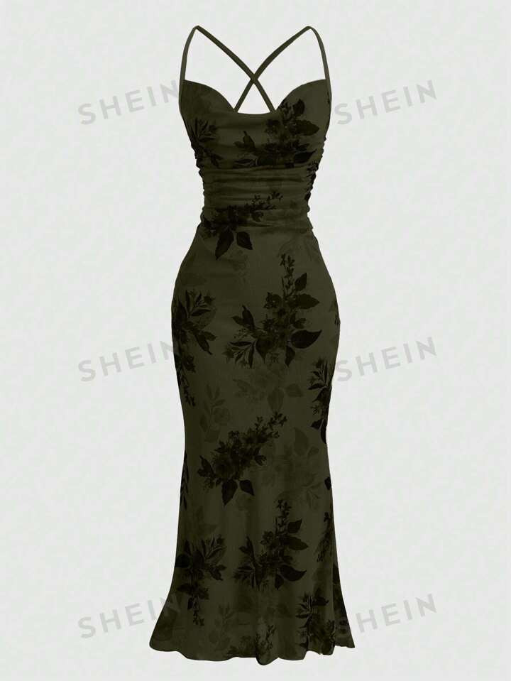 ROMWE Fairycore Women's Floral Print Pleated Drape Design Dress | SHEIN