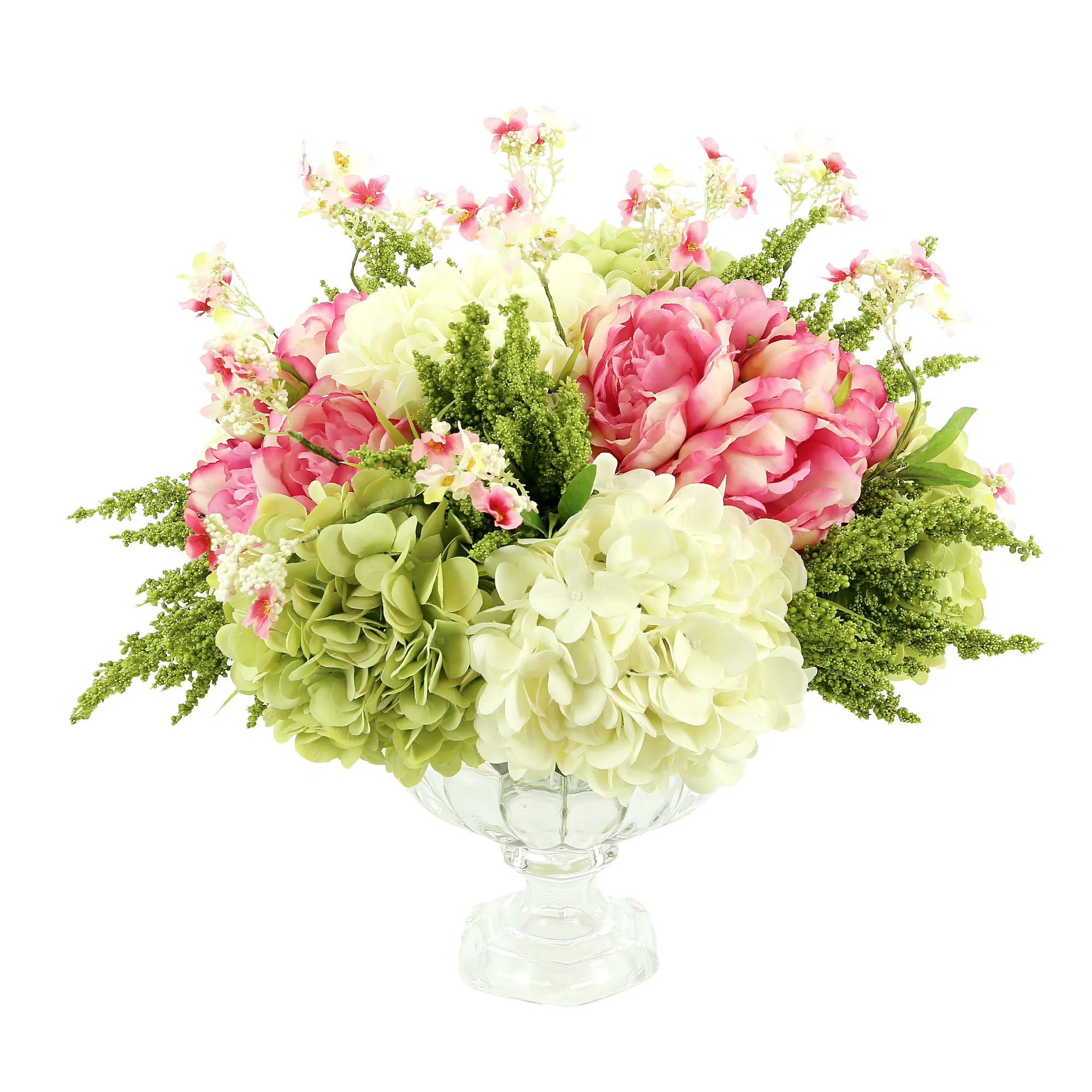 Peonies And Hydrangea Arrangement In A Glass Vase | Perigold