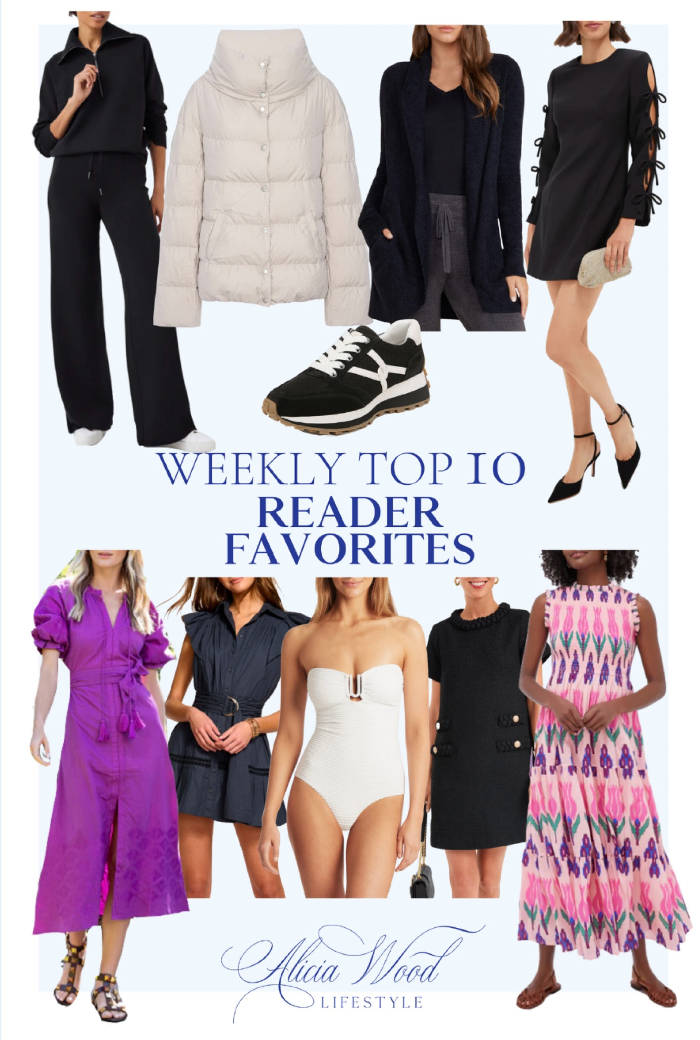 Weekly top 10 Reeder favorites and best sellers
AirEssentials from Spanx half zip top and wide leg pants 
Veronica Beard Valentina sneakers 
Pink and purple ikat maxi dress from Tuckernuck and Alicia Bell 
Julia Amory Iris purple embroidered maxi dress 
Navy Ramy, Brooke dress 
Barefoot dreams, cardigan sweater
Brochu walker, ivory, puffer coat
Tuckernuck Jackie tweed dress
White strapless, one piece swimsuit



#LTKOver40 #LTKStyleTip #LTKSeasonal