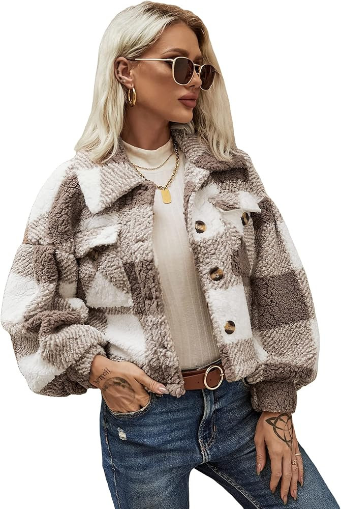 MakeMeChic Women's Sherpa Jacket Fuzzy Fleece Button Down Teddy Jacket Coat | Amazon (US)