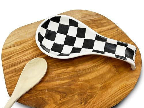 Checkered Spoon Rest for Kitchen Counter - Cooking Spoon Holder for Stove Top - Large Utensil Spatula Spoon Rest - Cute Kitchen Gadgets Gift for Housewarmings - Distressed Checkerboard Black and White | Amazon (US)