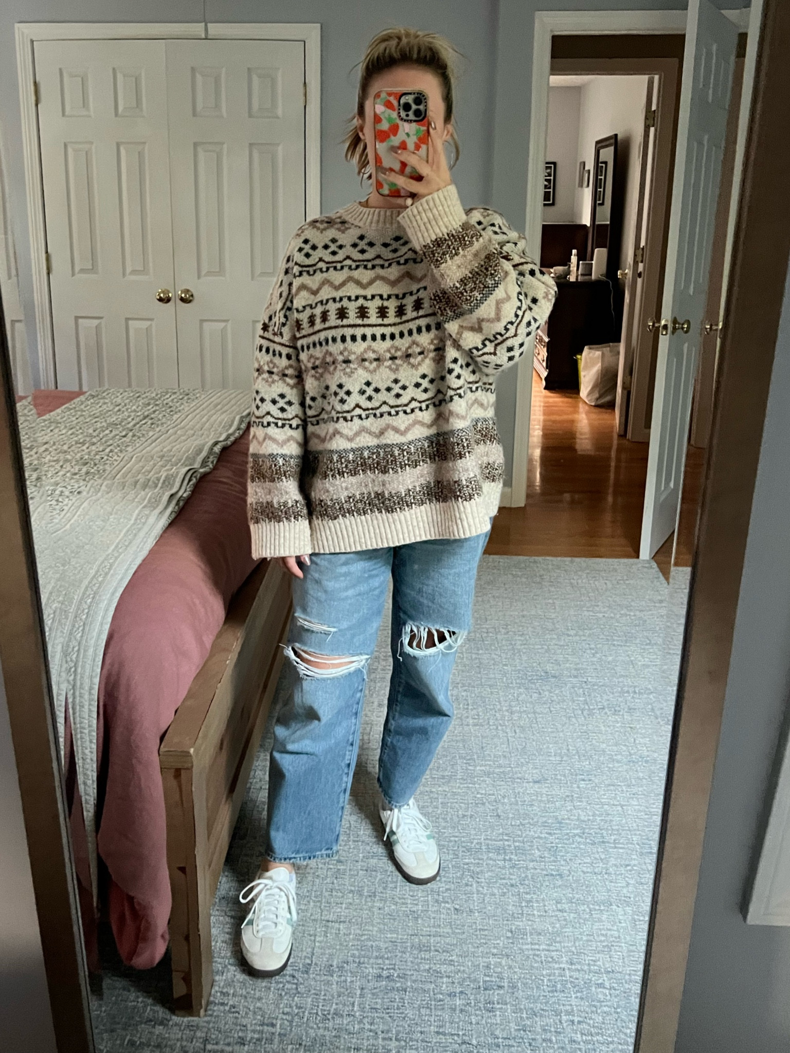 My favorite sweater this season! Patterned fall winter sweater, gray bandit, wide leg jeans, sale, American eagle, adidas samba 

#LTKVideo #LTKU #LTKOver40