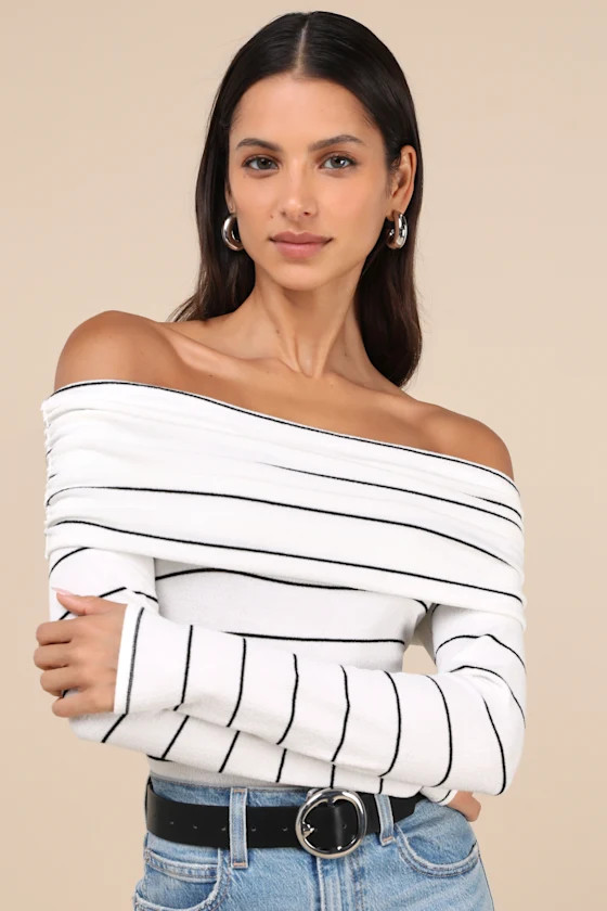 Sweetest Concept White Striped Off-the-Shoulder Sweater Top | Lulus