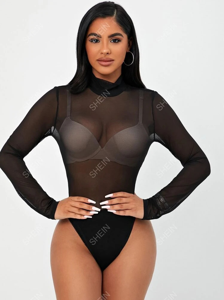SHEIN SXY Mesh Panel See Through Bodysuit Without Bra | SHEIN
