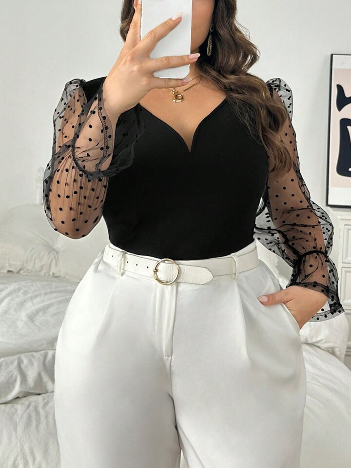 SHEIN Privé Plus Size Elegant Sweetheart Neck Contrast Color Mesh Panel Long Sleeve Blouse For Women | SHEIN