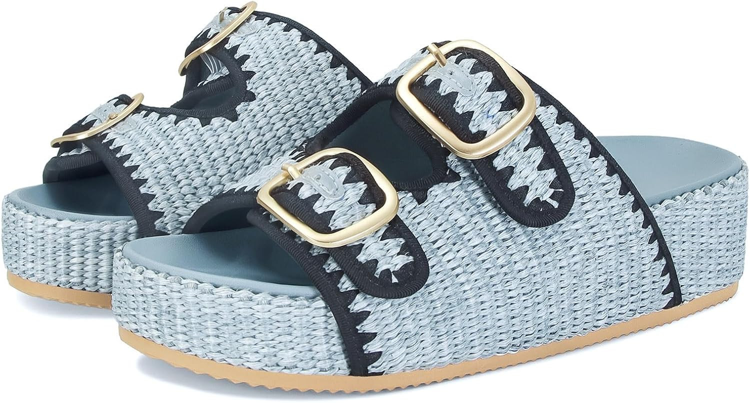 Platform Sandals for Women Espadrille Wedges Summer Beach Sandals Comfortable Cute Woven Straw Crochet Sandals Shoes Casual Adjustable Double Buckle Strap Sandals | Amazon (US)