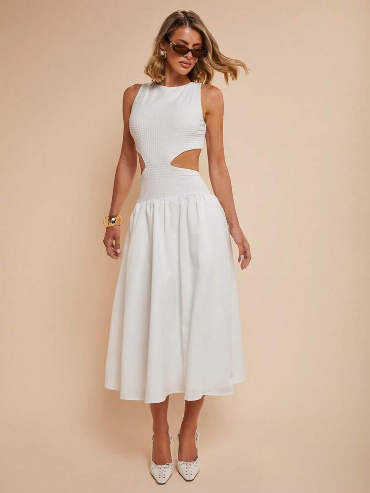 COSMINA Women's Solid Color Round Neck Sleeveless Cutout Waist Patchwork Dress | SHEIN