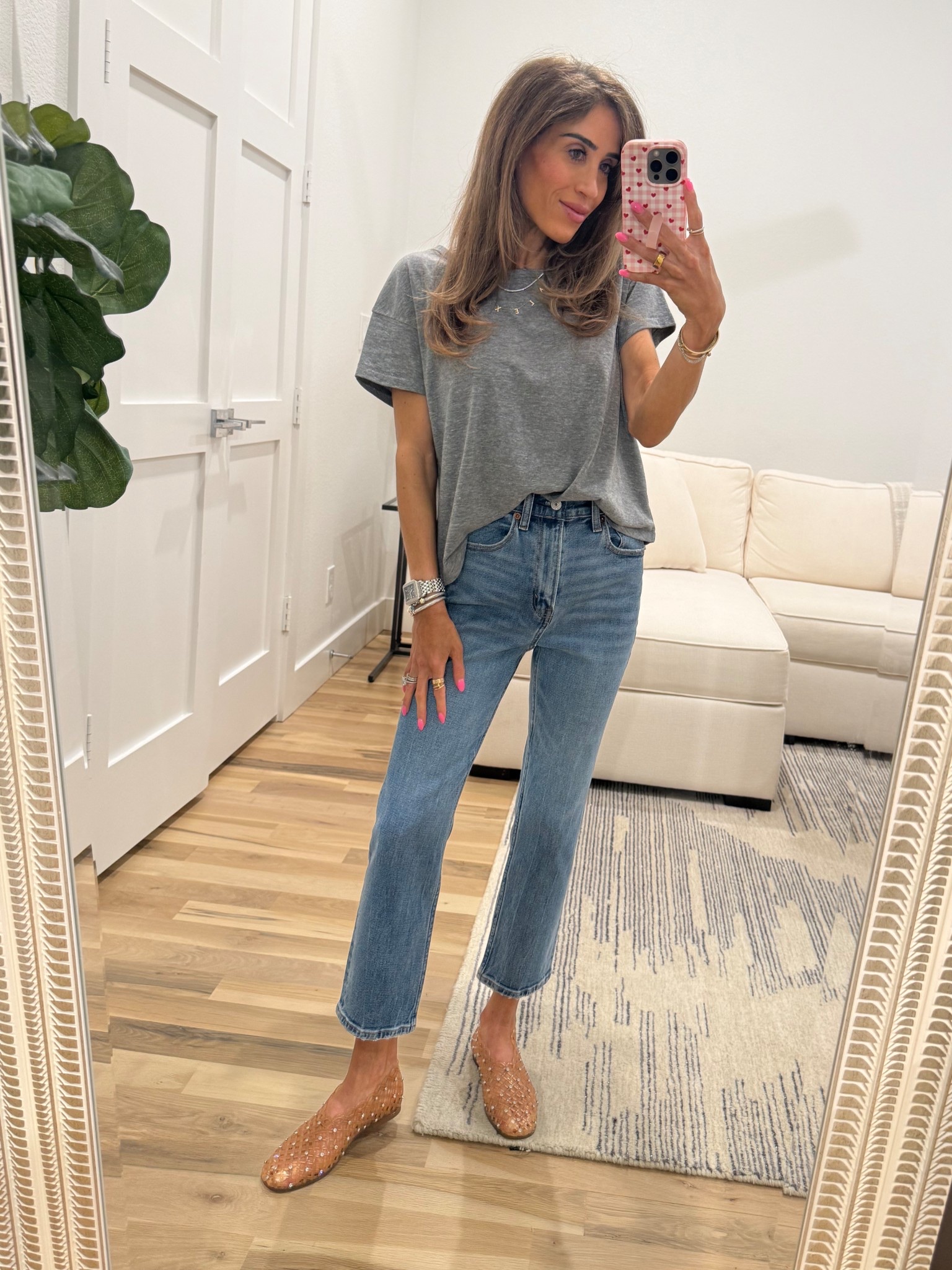 The perfect spring casual outfit petite friendly. Grey super soft tee size xs with straight jeans and clear caged trending shoes  

#LTKPetite #LTKootd