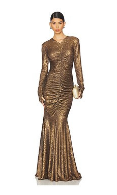 Norma Kamali Long Sleeve V Neck Shirred Front Fishtail Gown in Bronze from Revolve.com | Revolve Clothing (Global)