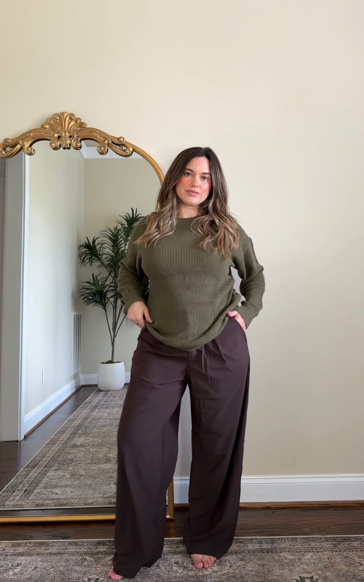 Sweater- ￼wearing a medium, but would size up to a large for looser fit 
Pants - L, run a little big

#LTKSaleAlert #LTKootd #LTKMidsize