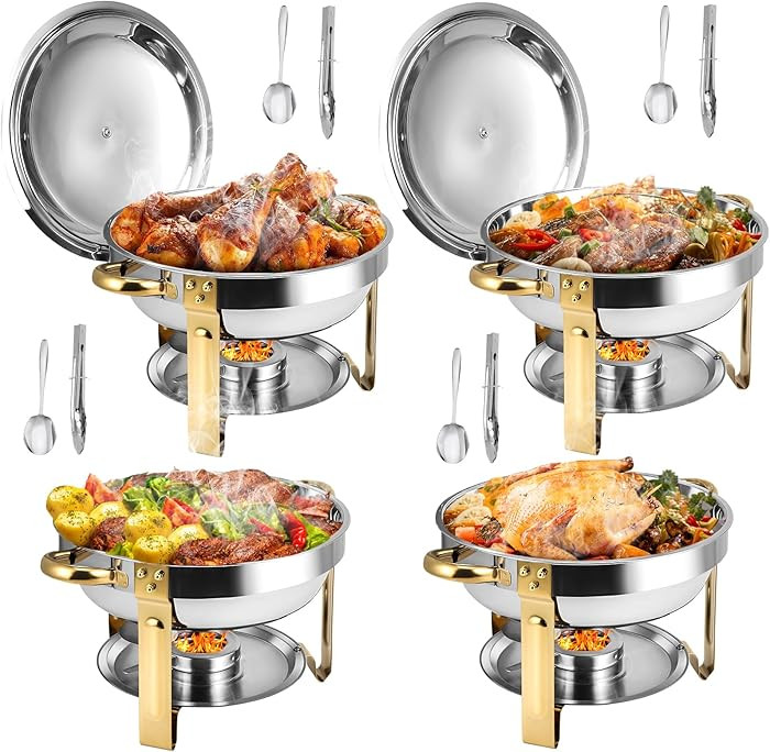 Chafing Dishes for Buffet 4 Pack, 5QT Round Chafing Dish Buffet Set [Elegant Gold and Silver Colo... | Amazon (US)