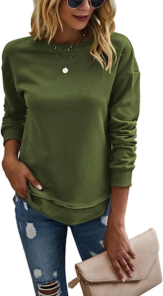 KIRUNDO 2021 Women’s Solid Color Sporty Sweatshirt Casual Loose Crew Neck Long Sleeves Pullover Ribb | Amazon (US)