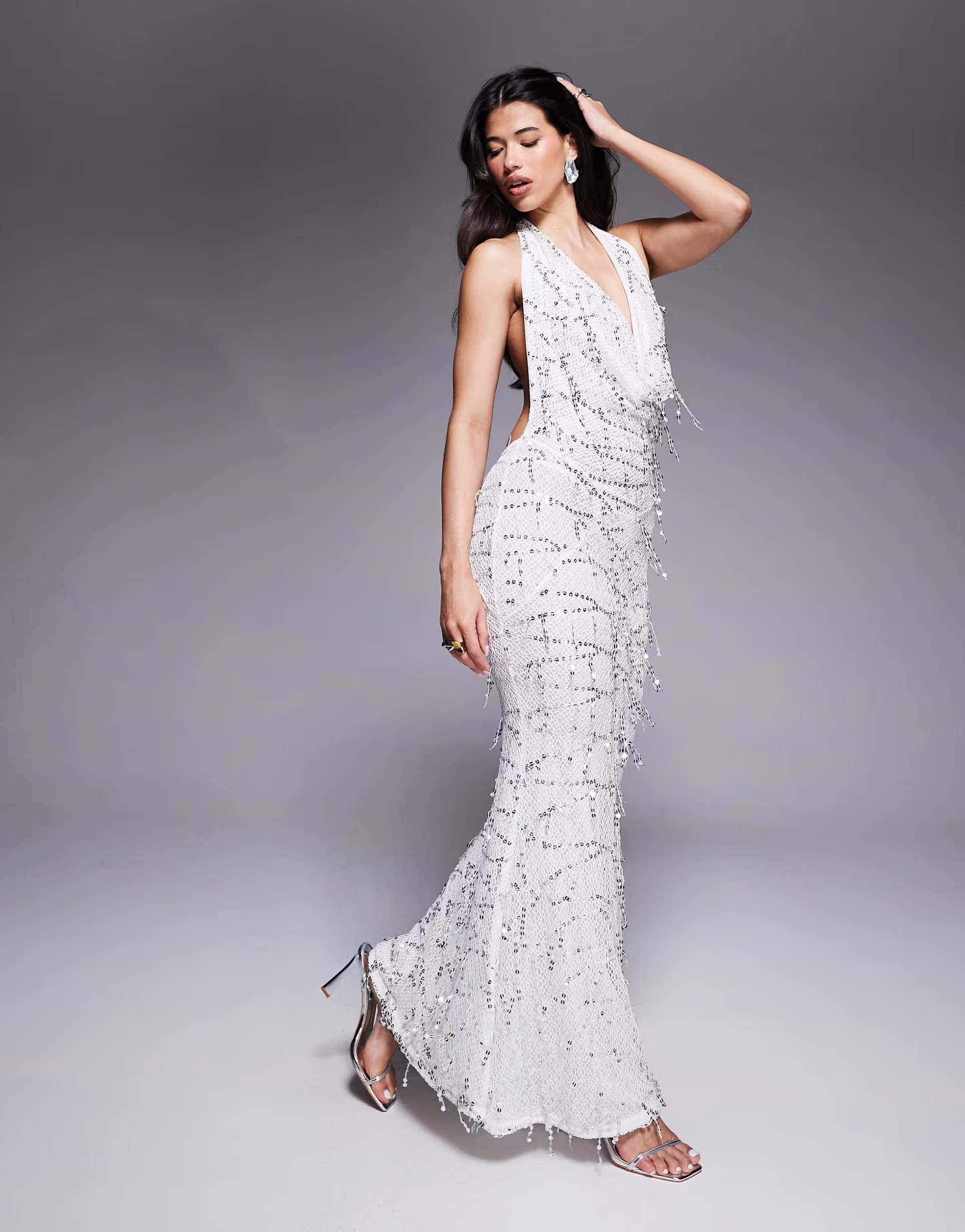 Murci exclusive halterneck plunge cowl neck open back fishtail maxi dress in silver sequin | ASOS (Global)