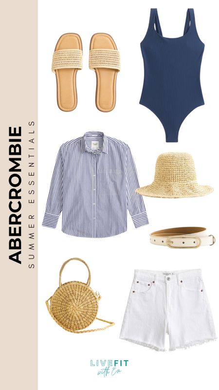 Sail smoothly through summer with these Abercrombie essentials. Step out in a chic navy one-piece swimsuit or throw on a classic striped button-down for a touch of sophistication. Pair with crisp white denim shorts for a timeless look, and accessorize with woven slides, a breezy straw hat, and a unique round straw crossbody bag. Perfect for coastal brunches or sunny days in the park—this collection is your ticket to a stylish season! #AbercrombieSummer #ClassicStripes #SummerEssentials #BeachToBrunch #SeasonalStyle #LiveFitWithEm

#LTKstyletip #LTKswim #LTKitbag