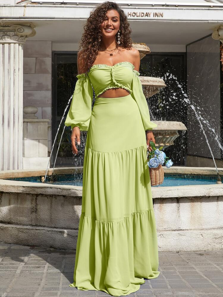 Missord Off Shoulder Cut Out Ruched Ruffle Hem Dress | SHEIN