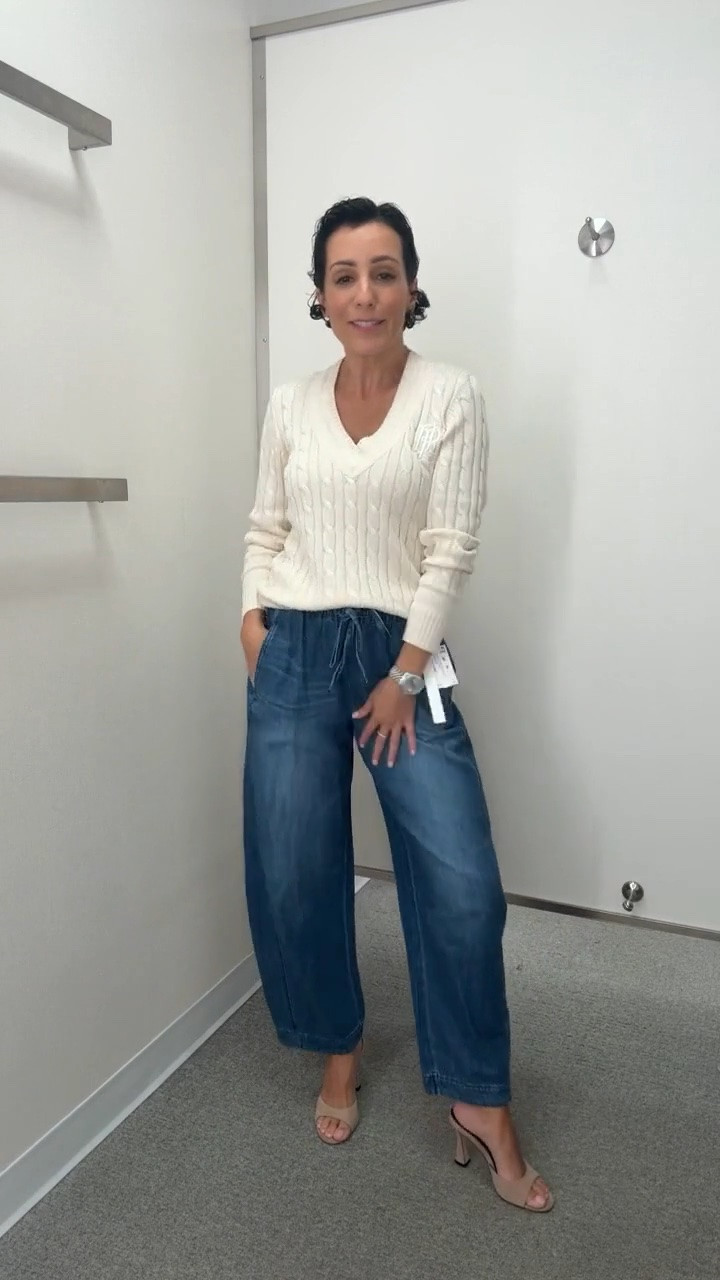 This is my kind of denim day. A cozy cable knit, relaxed barrel jeans and a little heel to dress it up just enough.

cable knit sweater, v neck sweater, cream sweater, barrel jeans, pull on jeans, cropped denim, casual outfit, everyday style, sweater outfit, stylewitheugenia

#LTKOver40 #LTKSeasonal #LTKPetite