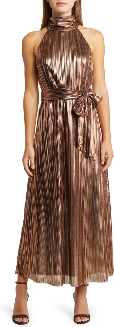 Metallic Halter Neck Pleated Cocktail Dress | Nordstrom