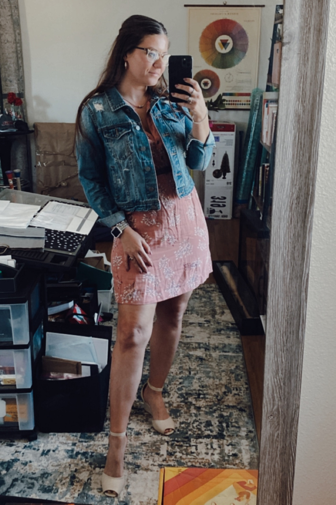 OOTD featuring a floral shift dress, distressed denim jacket, cute kitten wedges, and rose gold accessories 

#LTKFind #LTKSeasonal #LTKstyletip