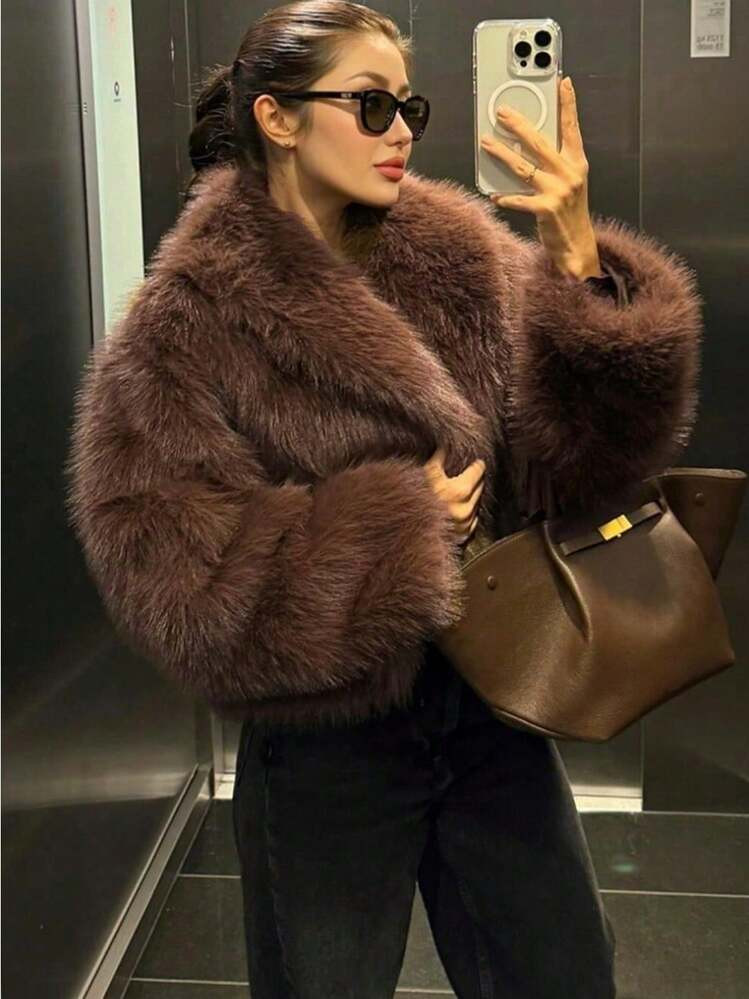 Women's Chocolate Brown Faux Fur Coat Short-Length Thickened Winter Jacket Luxe Collar Plush Texture Warm Versatile For Daily Evening Wear Fall Winter Essential | SHEIN