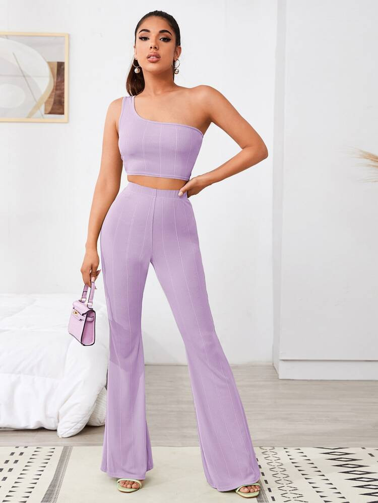 SHEIN SXY One Shoulder Slim Crop Top & Flare Pants Set | SHEIN