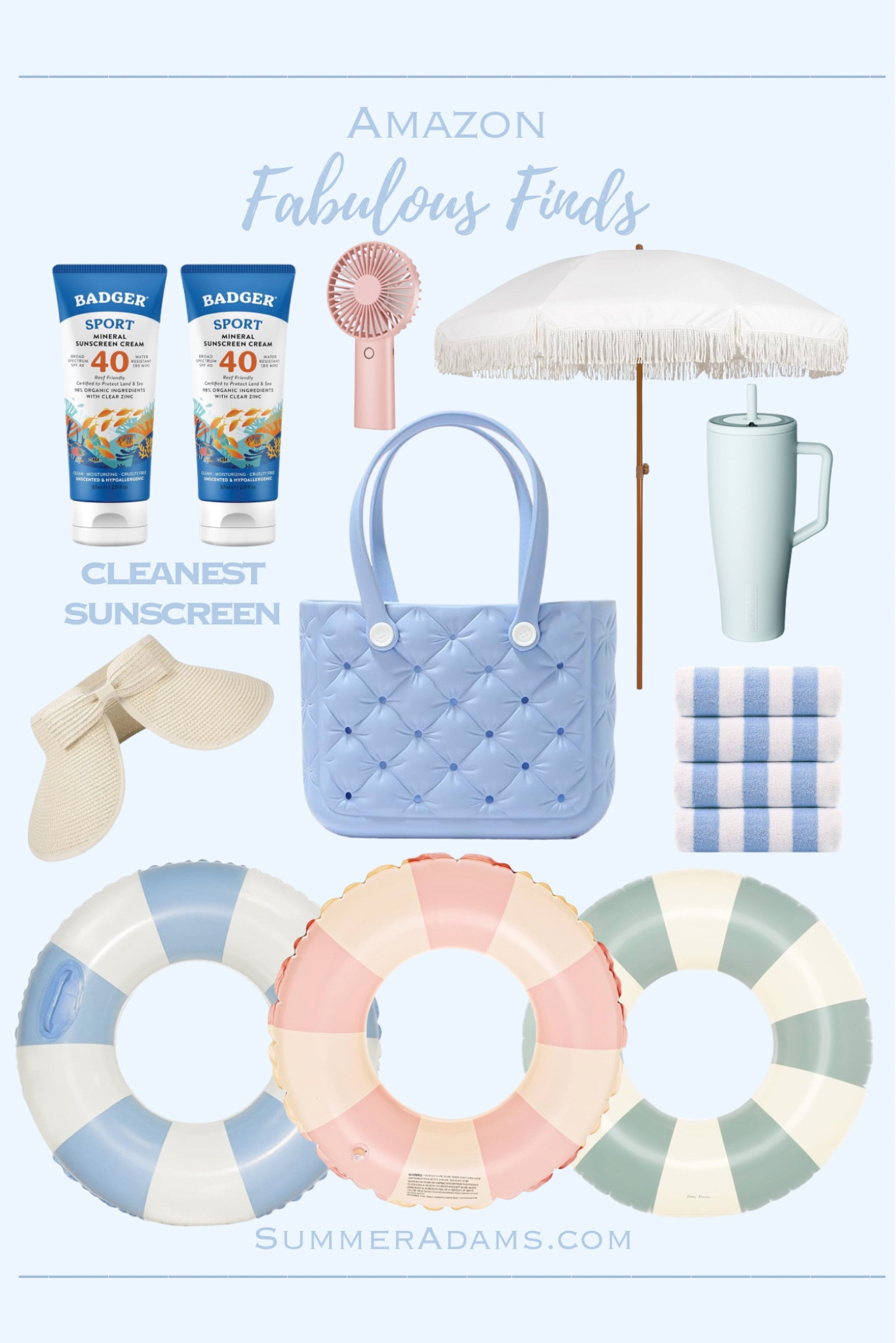 Cleanest sunscreen 
White fringe outdoor umbrella 
Striped pool towels
Pool rings
Sun visor hat with bow
Pale green mint brumate
Blue Bogg Pool bag
Pink outdoor handheld fan


#LTKswim #LTKitbag #LTKtravel