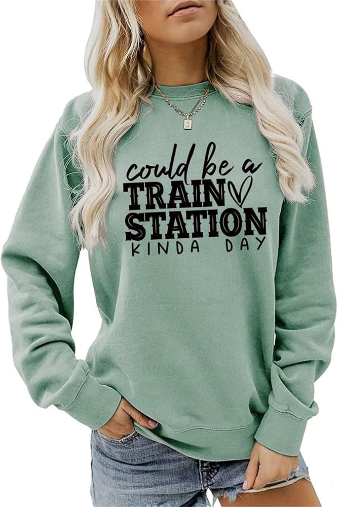 DUDIHOHX Could Be A Train Station Sweatshirt Ladies Casual Long Sleeve Top Womens Funny Print Cre... | Amazon (US)