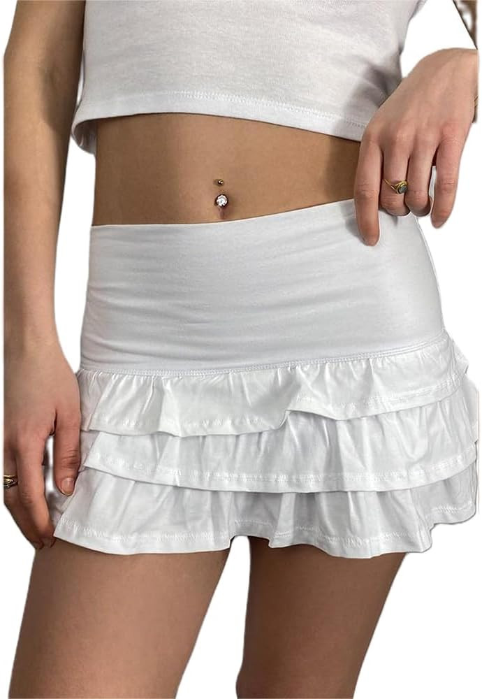 Women Y2k Ruffle Mini Skirt Fairy Lace Short Skirt Low Waist Pleated Layered Skirt Aesthetic Goin... | Amazon (US)
