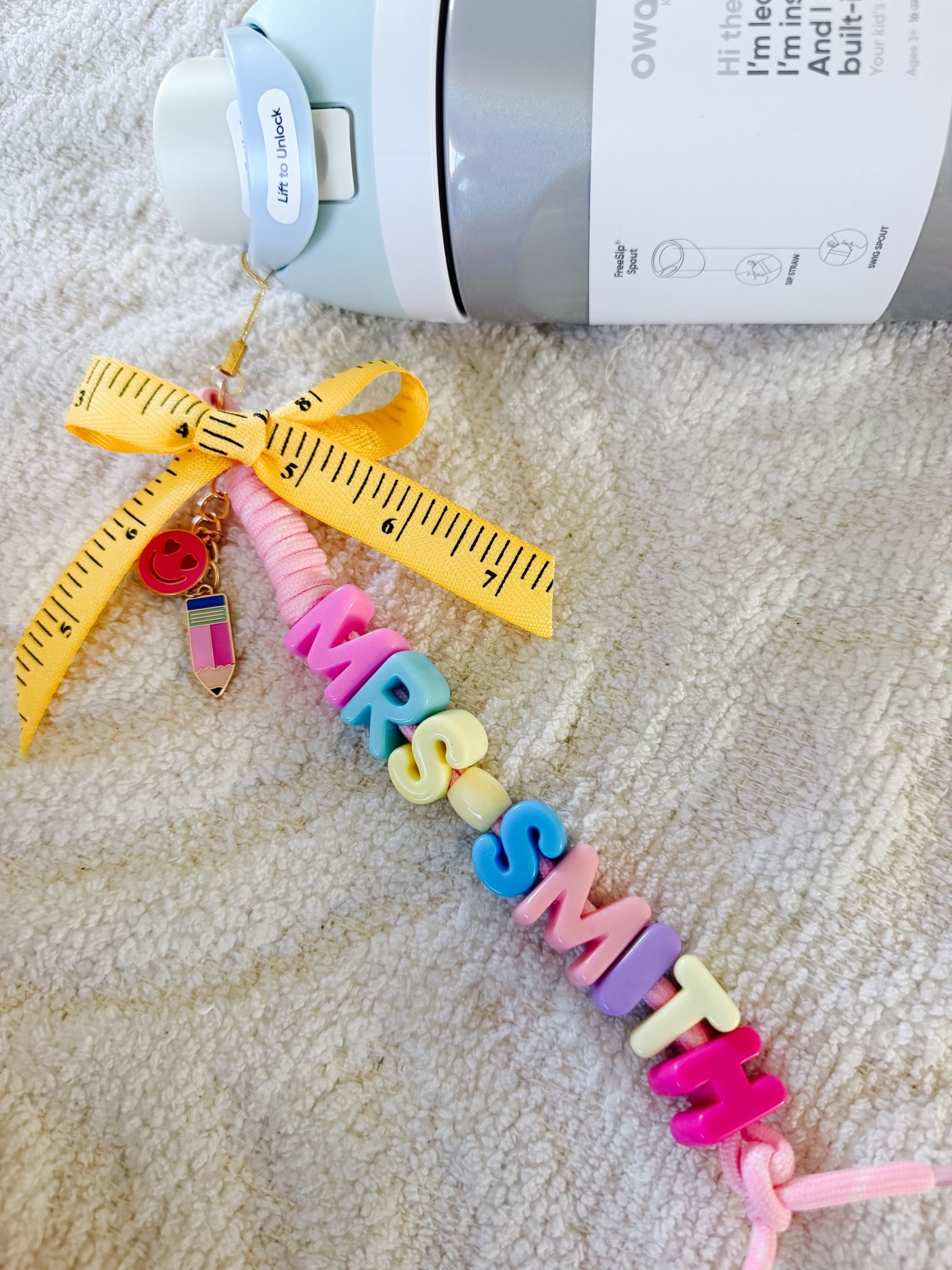 Cutest water bottle charms for teachers. The letter beads come in a pack with one of each letter (26 total), so be sure to buy enough packs to spell all the names you need. Also, I added two different water bottle attachments. One that can hook on a Owala brand water bottle and a clip to attach onto other water bottles or bags.

#LTKdayinmylife #LTKKids #LTKSeasonal