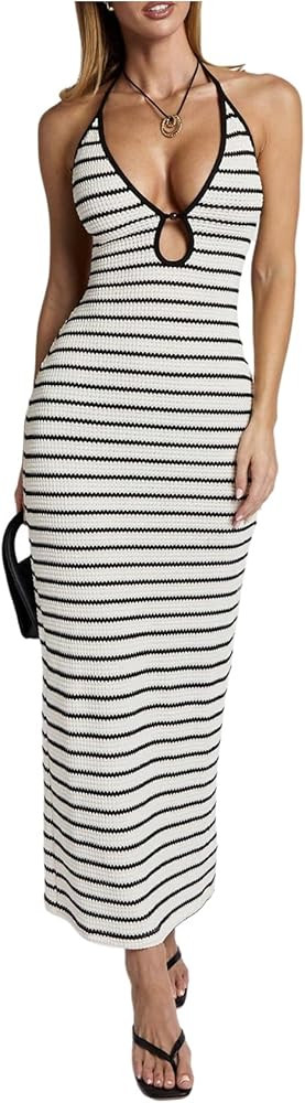 Milumia Women's Knitted Striped Backless Cut Out Halter V Neck Dress Sleeveless Bodycon Maxi Dres... | Amazon (US)