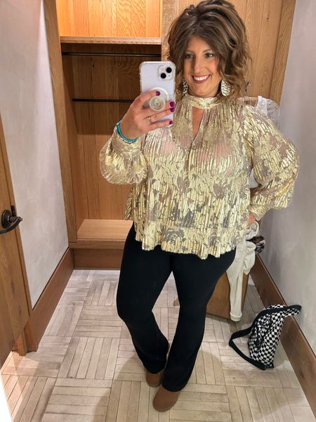 Perfect Holiday festivities top!! Statement top that is gorgeous! Runs tts, wearing size xl. 
Anthro anthropologie glitter foil gold puff sleeve Christmas party outfit idea

#LTKfindsunder100 #LTKmidsize #LTKsalealert