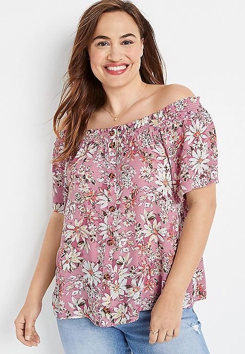 Plus Size Pink Floral Off the Shoulder Button Front Top | Maurices