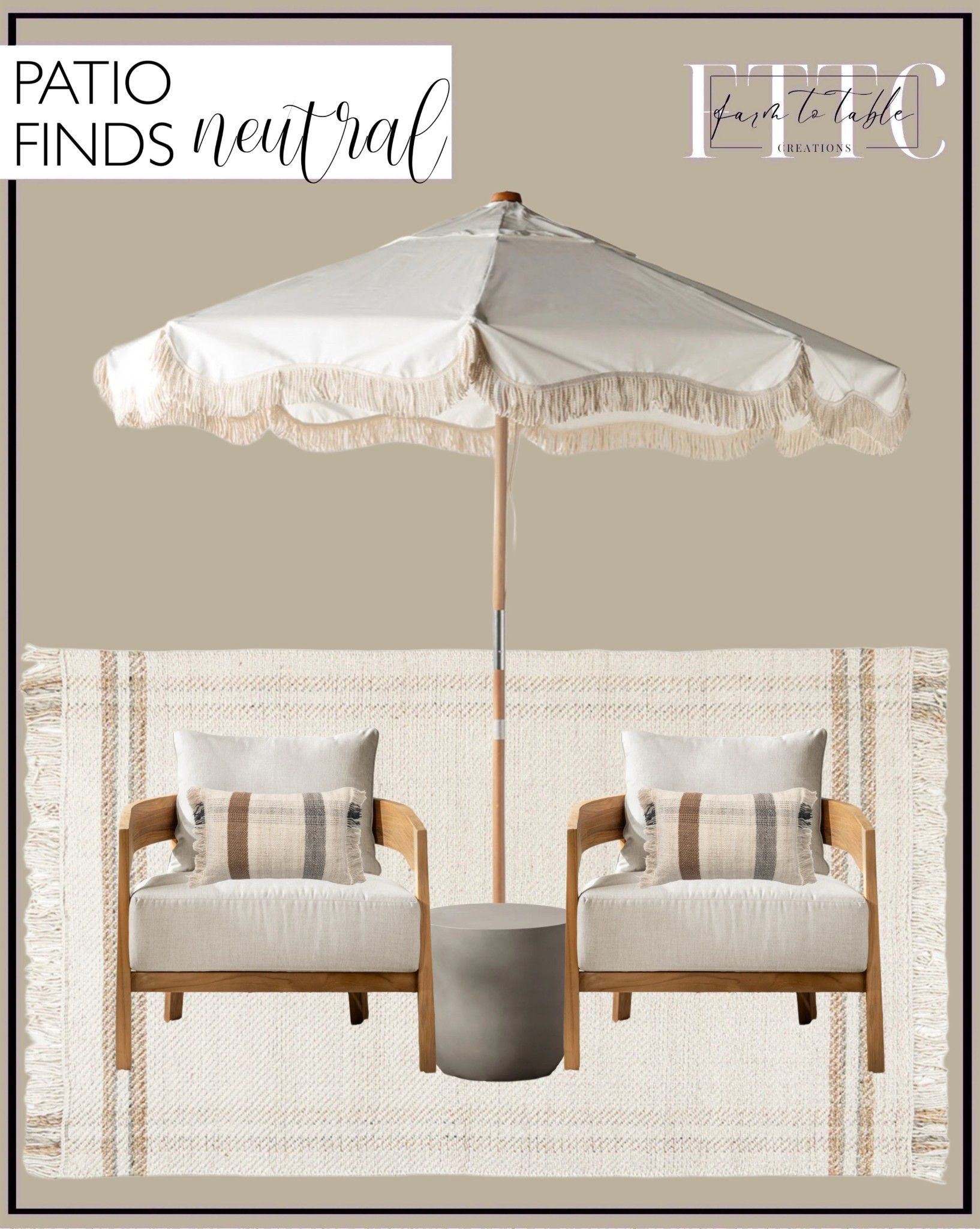 McGee & Co. Neutral Patio Finds. Follow @farmtotablecreations on Instagram for more inspiration.

Callahan Handwoven Outdoor Rug. Vento Outdoor chair. Caine Outdoor Side Table. The Market Umbrella. Kinley Indoor/Outdoor Pillow. 

Fluted Cabinet | Bedroom Furniture | nightstands | Home Decor| Fireplace Decor | Spring Refresh |  Bedroom Finds | Neutral Stems | Spring Stems | Bookshelf Decor | Bedroom Space | Cozy  Corner | Bathroom | Curated Entryway | Spring  Decor | End of Year Clearance | Trending Decor | Viral Decor  | Coffee Table Decor | Neutral Decor | Stem Sale | Target Finds | Skinny Bench | Bedroom | Living Room | Breakfast Nook | Amazon Home | Target Sale | Loloi Rugs | Magnolia Home | console table | console table styling | faux stems | entryway space | front porch decor | neutral decor | entryway decor | cozy home | affordable decor |  home decor | home inspiration | console styling | entryway rug | cozy moody home | moody home decor | neutral home | bathroom decor | living room | spring decor | Hearth & Hand | Studio McGee | 2025 Home Trends | trending home | Crate&Barrel 




#LTKStyleTip #LTKSeasonal #LTKHome