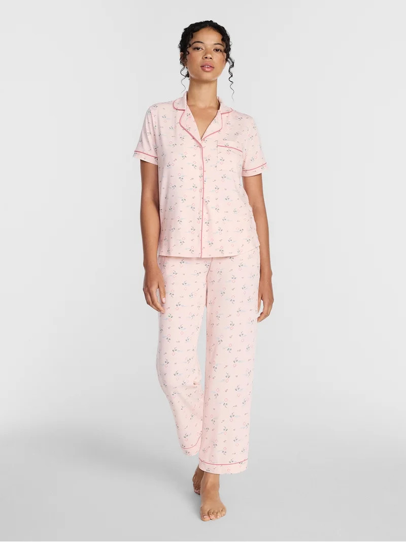 Joyspun Women's Dreamy Soft Collection Notch Collar Top and Capri Pants Pajama Set, 2-Piece, Size... | Walmart (US)