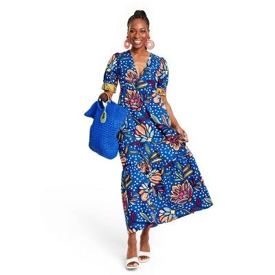 Women's Mixed Floral/Polka Dot Print Puff Sleeve Midi Dress - Tabitha Brown for Target Blue/Orang... | Target
