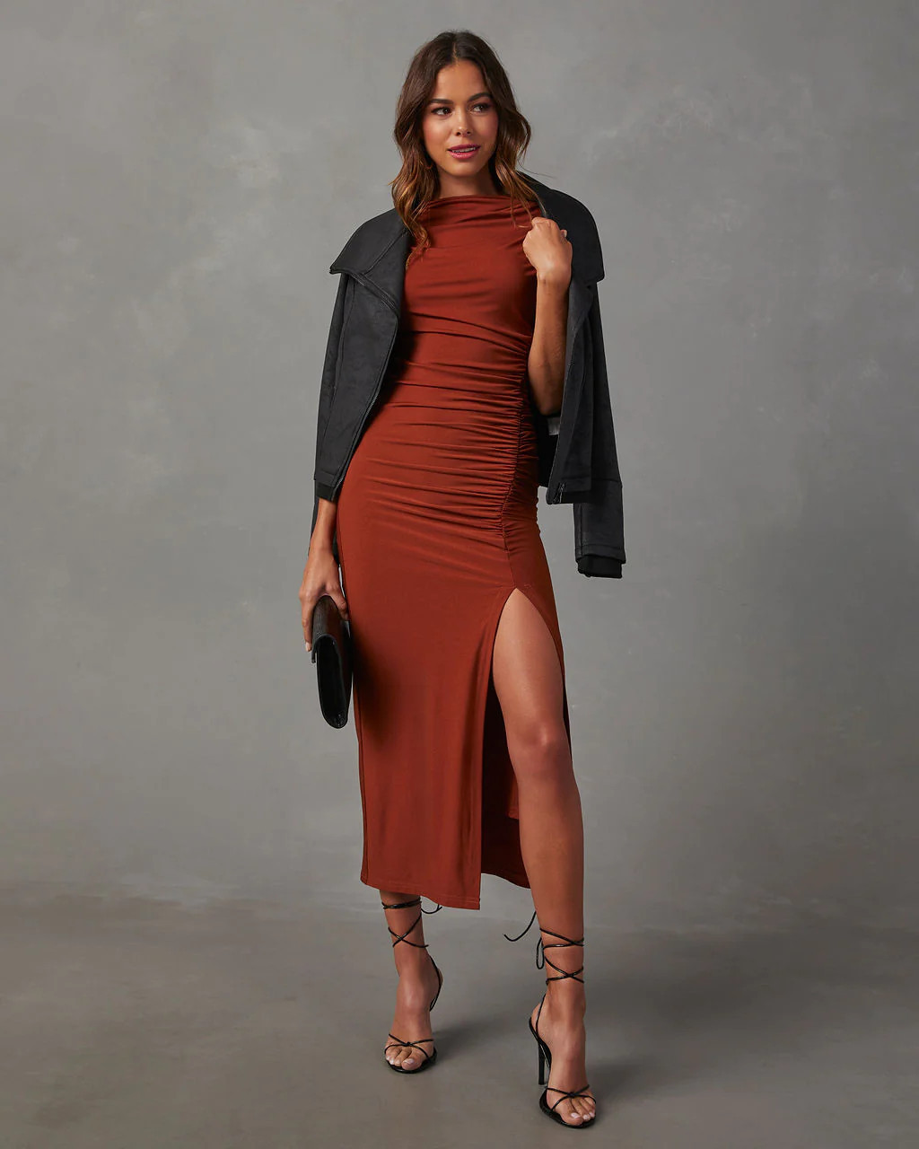 Elisabeth Mock Neck Side Slit Ruched Midi Dress - Rust | VICI